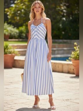 Avec Les Filles Blue & White Striped Halter Maxi Dress